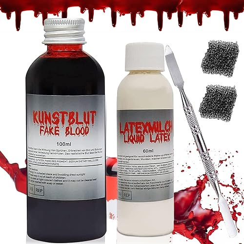 Capgoost Halloween Kunstblut, Fake Blood Kit, Simulierte Wunden, Kunstblut mit Makeup Schwamm und Spatel, Auswaschbar Kunstblut Halloween Vampir Zombie Cosplay für Karneval