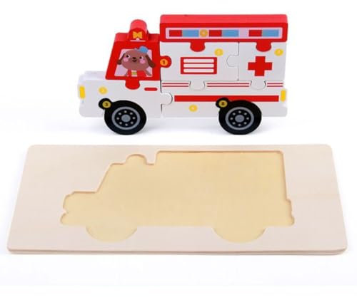 Holzpuzzle, wählbar als Feuerwehr, Polizei, Krankenwagen, Müllauto, Schulbus, Dampflok, Montessori Greifpuzzle (Krankenwagen)