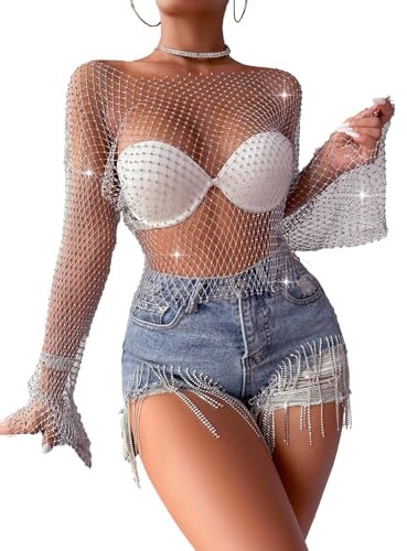 ELLEVEN Rhinestone Crystal Crop Top, Long Sleeve Mesh Body Chains See Through Cover up Sparkly Glitter Shirt Party Club Wear, Silver, One Size