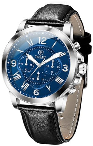 Taxau Armbanduhren für Herren Lederarmband Multifunktions Chronographen Luxus Wasserdicht Uhren Herren Blau Big Face Leder Herrenuhr Analogue Quarz Herrenarmbanduhr Lederband Männer Uhr Day Date