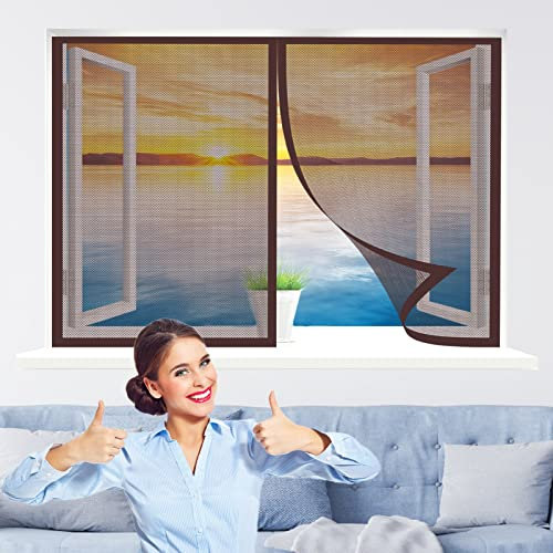 Magnetisches Fliegengitter für Fenster, 130 x 135 cm, Insektenschutzgitter für alle Arten von Fenstern, Braun