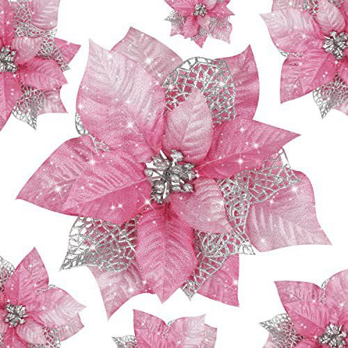 YYCRAFT 12 flores artificiales de seda brillante con purpurina para decoración de árbol de Navidad (rosa/plata, 8 pulgadas)