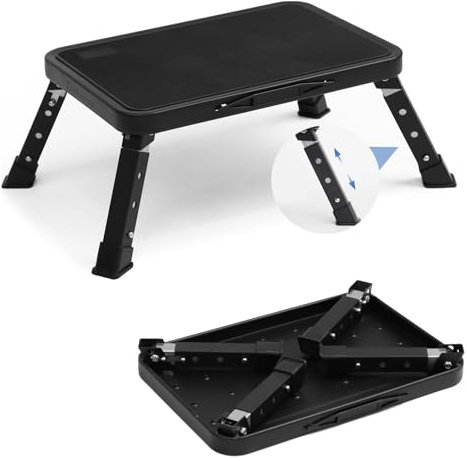 LIEKUMM 3-stufige Klappbarer Tritthocker, 150 kg Tragkraft Höhenverstellbar Tritthocker, Leichte Trittstufe aus Stahl für Küche und Haushalt, mit Rutschfester Plattform und Gummifüßen, Schwarz