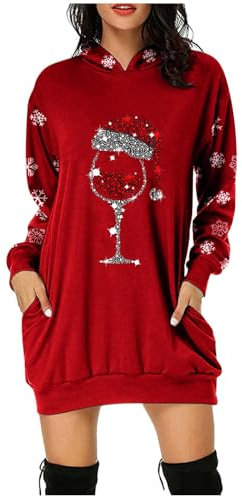 Generisch Weihnachtskleid Damen Weinglas und Weihnachtsmütze Drucken Kleid Elegant Lustig Hoodie Freizeitkleid Lang Pullover mit Kapuze Langarmshirt Rundhals Taschen Kleider Lockere Tops