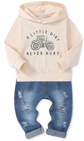 SOLOYEE 2 Pezzi Bimbo Neonato Completini 1-5 Anni Lettera Stampa Pullover con Cappuccio Top +Pantaloni Jeans Strappati