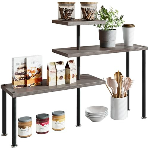 Dazioter Corner Shelf Countertop Organizer 3 Tier Kitchen Corner Shelves Adjustable Spice Storage Rack for Bathroom Coffee Area Over Sink (Dark Gray Oak, 3Tier)
