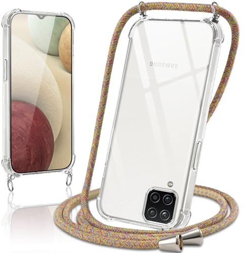 Coiwxmoi Handykette Handyhülle für Samsung Galaxy A12 Hülle mit Band 6.5,Transparent Case mit Kette Abnehmbar zum Umhängen Kordel Schutzhülle,Weich Silikon Stoßfest Cover für Samsung A12,Regenbogen