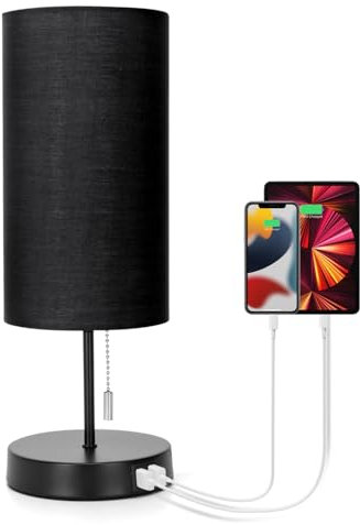 Aigostar Lampara de Mesa con 2 Puertos de Carga USB, Lamparas de Mesita de Noche con Interruptor de Tracción, Base de Metal, Lámpara Escritorio Vintage para Sala de Estar, Dormitorio, Oficina - Negro