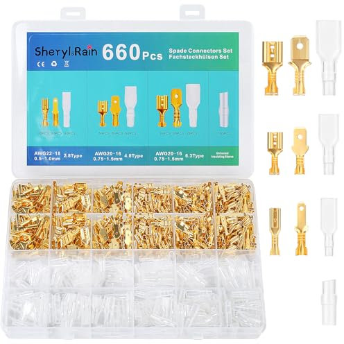 Lot de 660 cosses de câble plates 2,8 mm, 4,8 mm, 6,3 mm, cosses de câble, connecteurs plats, mâles et femelles, kits de bornes de raccordement avec gaine isolante pour électrique