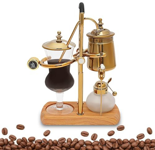 Cafetera de sifón belga de lujo, cafetera vintage de sifón de 400 ml con sistemi de preparación al vacío, doble cabezal con asa en T, cafetera retro dorada para el hogar oficina