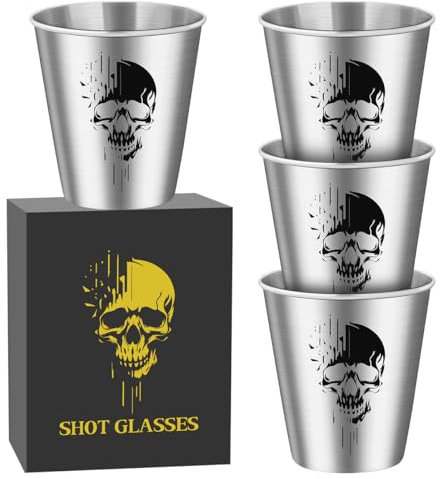 Lot de 4 Verres à Shot en Acier Inoxydable de 70 ml, avec Boîte, Motif de Tête de Mort Noir, Empilable Tasse de Fête, Cadeaux pour Fans Gothiques, Ami, Anniversaires, Mariage, Pique-Niquer, Camping