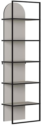 FWStyle Sadnstone Archy Bookcase with Arched Top, Modern Open Display Shelf with Black Metal Frame, Tall Slim Storage Unit for Living Room, Bedroom or Home Office H180cm