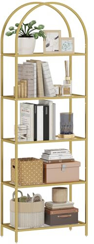 HOMCOM Bibliothèque étagère de Rangement en Verre à 5 Niveaux, Meuble de Rangement arqué pour Salon, Bureau, Chambre, 60 x 30 x 175 cm, doré