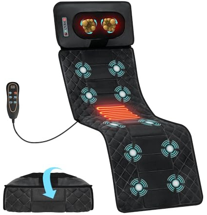 Kainsati Ganzkörper-Massagematte mit Wärme, abnehmbares Nackenkissen, Vibrationsmassage-Pad mit 10 Motoren, 9 Geschwindigkeiten, 9 Modi für Nacken- und Rückenschmerzen, Geschenke für Männer und Frauen