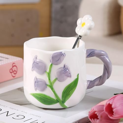 Hosoncovy 480ML Ceramic Stereo Tulip Coffee Mug with Spoon Tea Cup Drinking Mug with Handle (Purple)