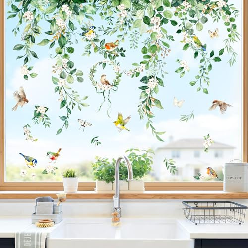 Supzone Fensterbilder Sommer Hängende Rebe Fensteraufkleber Selbstklebend Blätter Grüne Pflanzen Fenstersticker Anti-Kollision Fensterfolie Glastüren Fensterdeko