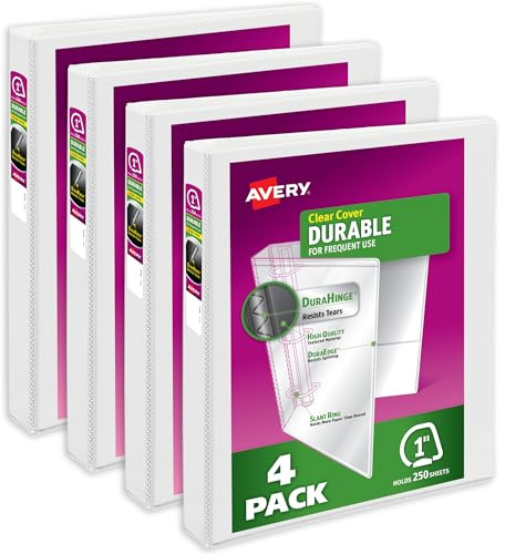 Avery Durable View 3 Ring Binders for Home, School Supplies, Office, or Organization Needs, 1 Slant Ring, 4 Pack White Binders (17575)