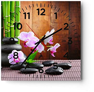 Modern Wanduhr Bambus Dekoration Blume Orchidee 30x30cm Quadrat Klein Wand Uhr Glas Analog Zimmeruhren Küche Büro Wohnzimmer Glasuhr Wall Clock Dekoration Design Küchenuhr C4AC30x30-2167
