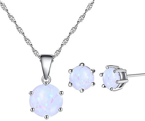 AILUOR Damen Opal Schmuck Set, Sterling Silber Erstellt Simulierte Edelstein Runder Halo Solitaire Anhänger Halskette Und Ohrstecker Set (weiß)
