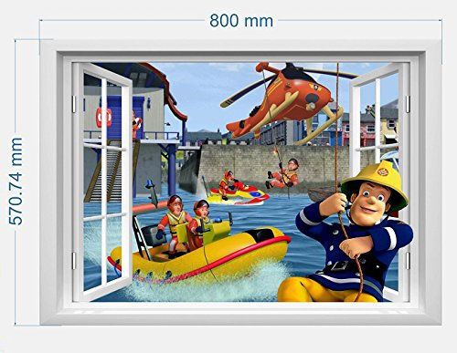 infans Feuerwehrmann Sam Wand Aufkleber 3D-Fenster, Kids Schlafzimmer Jungen Mädchen Art Wand Wandbild Tapete Größe L 57 cm x 80 cm