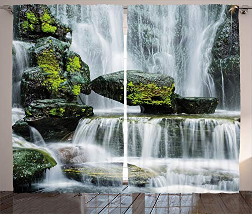 ABAKUHAUS Landschaft Rustikaler Vorhang, Wasserfall mit Felsen, Wohnzimmer Universalband Gardinen mit Schlaufen und Haken, 280 x 245 cm, Grün Grau