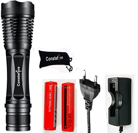 Constefire lampe Torche de poche LED haute puissance avec 2 piles rechargeables 18650, lampe de poche tactique avec chargeur USB