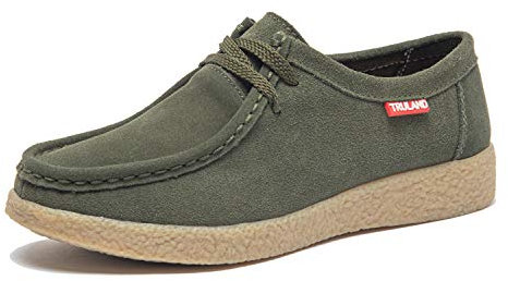 TRULAND Damen Schnürschuhe Mokassin – Wildleder Halbschuhe Wallabees (Olivgrün, EU Schuhgrößensystem, Erwachsene, Damen, Numerisch, M, 37)