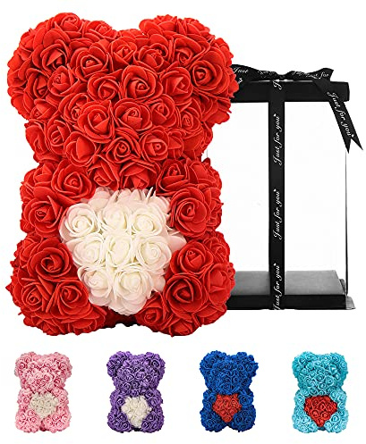Gifts for women, birthday gifts, rose flower bear, handmade rose teddy bear, best artificial decoration gifts for mum, gifts for girls, unique gifts (red)