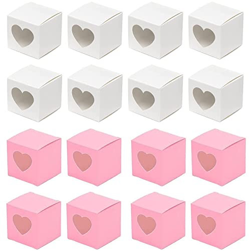 YANJINGHE 40 Stücke 5 cm Mini Kuchenkarton, Cupcake Boxen, Einzelne Cupcake Boxen, PVC Karton Mini Single Kuchen Geschenkbox mit Herzform Klares Fenster für Geburtstag, Party, Hochzeit (Pink, Weiß)