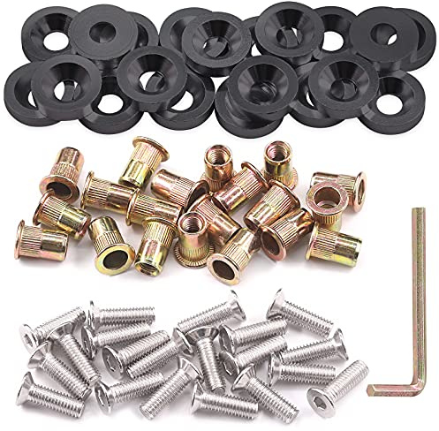 Glarks Lot de 61 rondelles noires M6 en aluminium pour pare-chocs de voiture - Rondelle de finition CNC - Boulons en acier inoxydable et écrous à rivets en acier au carbone pour pare-chocs de voiture,