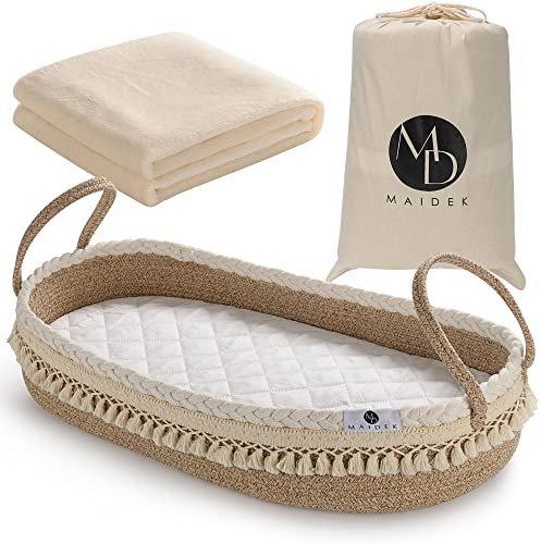 Maidek Baby Wickelkorb – Handgefertigter gewebter Baumwollseil-Moseskorb – Wickeltischauflage mit Matratzenauflage, abnehmbarer Bezug, weiche Decke, Möbel – 29 x 16 x 4,7 cm, Braun/Weiß, Braun/Weiß,