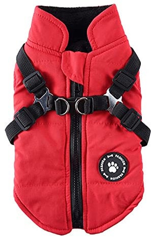 Puppy Coat Jacket with Harness - Waterproof & Warm Winter Clothes for Small & Medium Dogs - Sport Vest for Yorkies, Chihuahuas & French Bulldogs (S, Red)