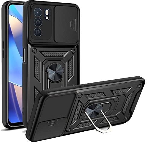 Cover Compatibile con Oppo Reno 6 5G, Custodia Grado Militare Antiurto Rigida PC Back Cover Protezione con Scorrevole Camera Protection e Silicone TPU Bumper per Supporto Magnetico Auto, Nero