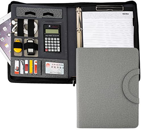 Porte-documents A4 Professionnel - Calculatrice Solaire Intégrée + Bloc-Notes - Cuir PU Imperméable - Organiseur Bureau/Voyage (Gris clair)