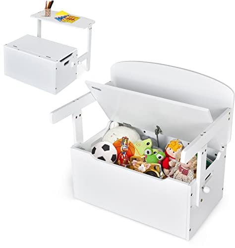 DREAMADE 3 in 1 Spielzeugkiste aus Holz, Kindersitzgruppe, Kinderbank mit Stauraum & Deckel, Truhenbank Kindermöbel für Kinder 3-7 Jahre alt (Weiß)