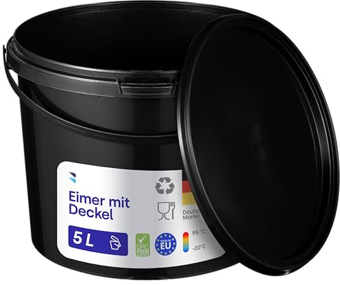BenBow Eimer mit Deckel 5l schwarz 20x 5 Liter - lebensmittelecht, stabil, luftdicht, auslaufsicher, geruchsneutral - Aufbewahrungsbehälter aus Kunststoff, mit Henkel - leer