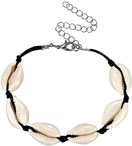 OUTLETISSIMO® Bracelet de cheville femme cordon ciré et coquillages naturels mode de plage mode pieds nus ET30, 20 cm, Cordon ciré, coquillages naturels