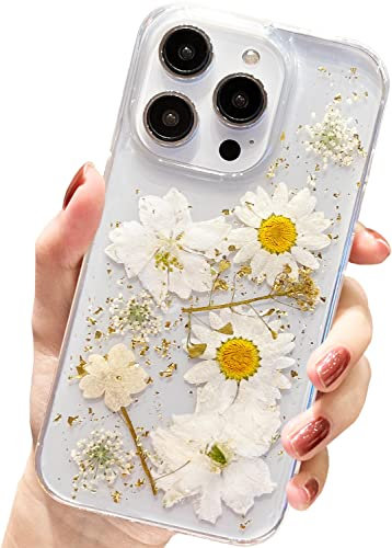 AMART für iPhone 14 Pro Hülle Blumen, Klare Echte Getrocknete Blumen HandyHülle Durchsichtig Glitzer Muster Aesthetic Weich TPU Frauen Mädchen Schutzhülle für iPhone 14 Pro (6,1NUR)(Gold Blume)