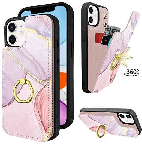 TopPerfekt Compatible with iPhone 11 Wallet Case with Card Holder, 360Rotation Finger Ring Holder Kickstand Protective RFID Blocking PU Leather Pattern Double Buttons Flip Cover 6.1 Pink Marble