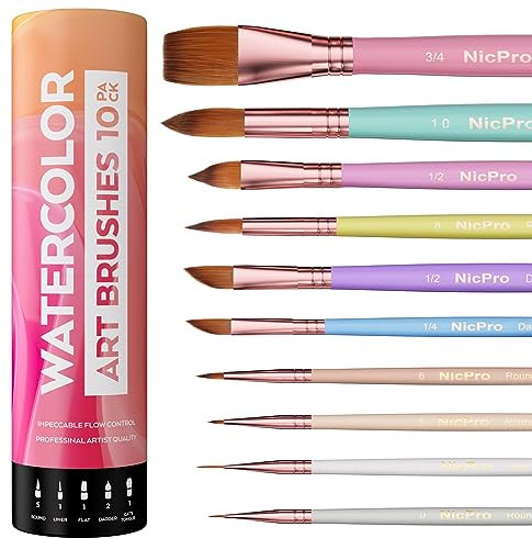 Nicpro Lot de 10 pinceaux professionnels pastels pour aquarelle, pinceaux ronds, langue de chat, traceur, biseautés et lavis, pour artistes, adultes, débutants, aquarelle, encres, gouache, avec