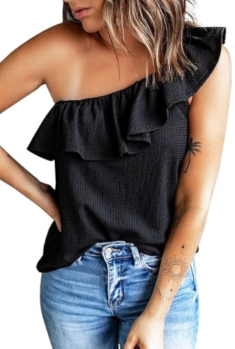 Dokotoo One Shoulder Tops for Womens Fashion 2026 Ruffle Loose Fit Summer Outifits Casual Sleeveless Shirred Neck Tunic Shirt for Work Out Black Medium