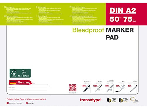 transotype Marker Pad, Layoutpapier für den Einsatz von Pigment-Markern, DIN A2, 70 g/qm, 50 Blatt, extrem weiß, säurefrei, Farbe schlägt nicht durch