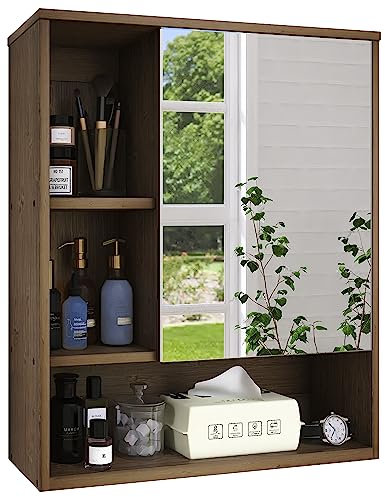 SMIBUY Badezimmerschrank mit Spiegel an der Wand montiert, Bambus-Aufbewahrungs-Organizer über der Toilette, platzsparender Medizinschrank mit 2 Türen und verstellbaren Einlegeböden (Walnuss)