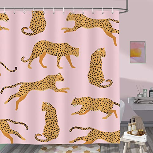 Bonhause Duschvorhang Rosa Leopard Tropische Tier Gepard Duschvorhänge 180 x 200 cm Anti-Schimmel Wasserdicht Polyester Stoff Waschbar Bad Vorhäng für Badzimmer mit 12 Haken