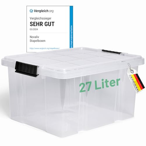Novaliv Aufbewahrungsbox mit Deckel 27L transparente Nestbar stapelbare Plastikbox mit Clipverschluss Eurobox Kunststoffbox BPA-frei 46,5x36,5x24 cm