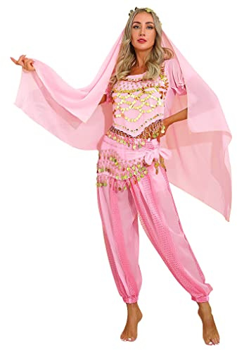 Yeahdor Damen Bauchtanz Kostüm Set Pailletten Bauchtanz Oberteil mit Mützen Haremshose Hüftschal Schleier Karneval Fasching Cosplay Party Verkleidung