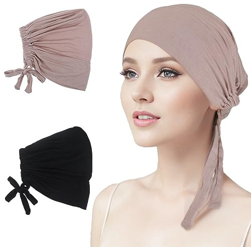 2pcs Turban Damen Kopftuch Damen Frauen Undercap Hijab Unterschal Hijab Frauen Verstellbare Islamische Muslimische Unterschal Hijab Cap mit Tie Back Solid Color Hijab Mütze Kopfbedeckung Chemo Damen
