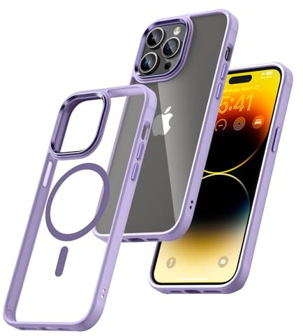 TILIYOO Designed for iPhone 14 Pro Max Magnetic Case 6.7 inch, Metal Buttons and Camera Ring Shockproof Drop Protection Matte Silicone Bumper Slim Clear Hard Phone Cover, Never Yellowing, Light Purple