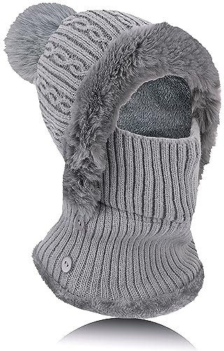 TAGVO Hiver Chaud Tricoté Bonnet Et Ensembles De Cache-Cou, Balaclava Chapeau Flexible avec Boule De Poils, Cagoule Tricoté Femme pour Les Sports De Plein Air Taille Unique, Gris
