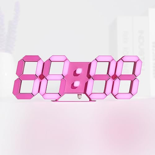 KOSUMOSU Pink LED Wall Clock - 9.7 Modern Digital Clock for Living Room & Bedroom with Remote/Dimming/12/24H/Temp/Alarm